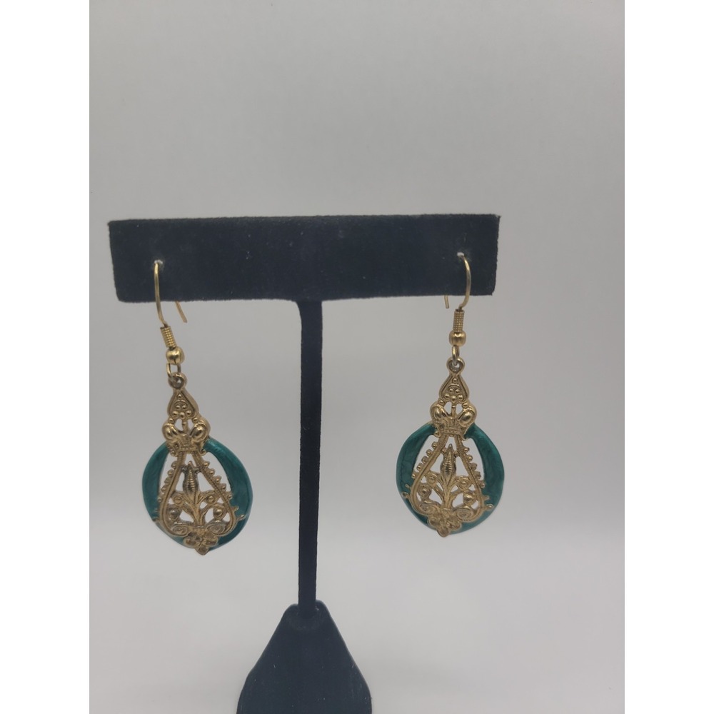 Vintage Gold Tone Filigree Dangle Earrings Blue-Green Marbled Cabochon Boho Drop